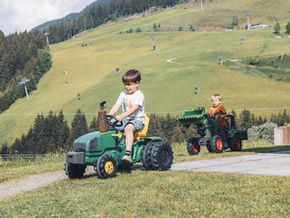 Urlaub auf dem Bauernhof - erreichbar mit: Auto - Rund ums Haus gibt es allerlei Spielmöglichkeiten für Kinder: Zahlreiche Tretfahrzeuge wie Traktoren, GoKarts oder Fahrräder stehen zur Verfügung - Ferienwohnungen Perfeldhof
